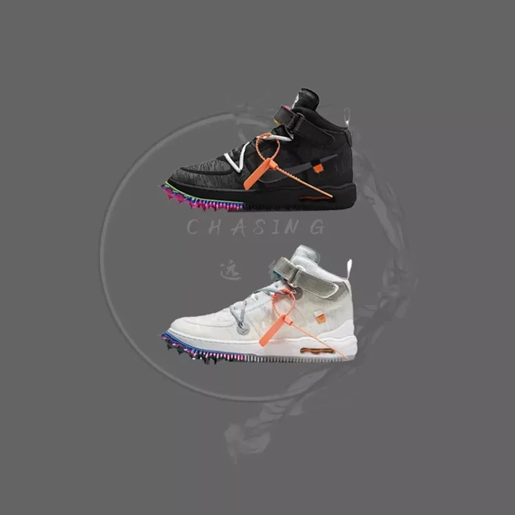 OFF-WHITE X AIR FORCE 1 Mid 中帮 休闲板鞋OW联名 mid空军黑灰白灰结构钉鞋 解构 中帮联名钉子鞋男女同款